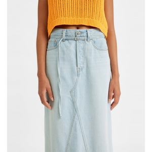 กระโปรงยีนส์แม็กซี่สั่งทำขายส่ง ผ้าฝ้าย 100% สีฟ้าอ่อนสไตล์วินเทจ ยีนส์ฟอก กระโปรงยีนส์ยาวลำลองสำหรับผู้หญิง - Product Image 4