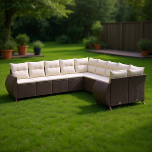 Conjunto de Sofá de Jardín de Mimbre Sintético Marrón con Patas Ajustables, Muebles de Exterior de Diseño Contemporáneo con Cojines de Espuma de Alta Densidad - Product Image 2