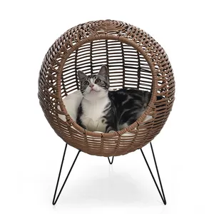 Petstar High Quality Elevated Wicker Kitten Cat House Rattan Pet Bed With Cushion