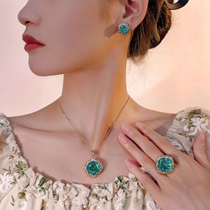Wholesale Eco-friendly Copper 18-10mm Paraiba Green Zircon Pendant <b>Earring</b> Ring Wedding Jewellery <b>Set</b> Gold Plated for Women - Product Image 6