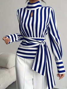 Tendenza Moda Autunnale: <span class=keywords><strong>Camicia</strong></span> da Donna a Righe Contrastanti con Colletto a Sciarpa Retrò, Maniche Lunghe, Elegante - Product Image 5