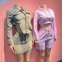 Set Denim Kasual 2 Potong Wanita 2026, Jaket Lengan Panjang Stretch + Rok Skinny, Setelan Jeans Streetwear Dua Potong untuk Wanita