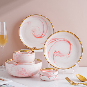 Modern Trendy Marble-Patterned Ceramic <b>Dinnerware</b> <b>Set</b> Disposable Tableware <b>for</b> Simple Home Use Includes Bowls Plates Chopsticks - Product Image 2