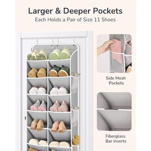 Over The Door <b>Shoe</b> Organizer 24 Pockets Gray Hanging Rack For Closet <b>Storage</b> With Deep Compartments - Product Image 3