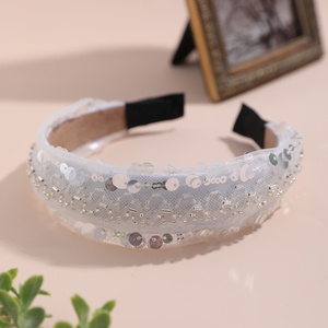 Serre-tête <span class=keywords><strong>de</strong></span> luxe rembourré à sequins fait main, avec dentelle blanche et perles tubulaires, pour mariage, large, accessoire <span class=keywords><strong>de</strong></span> mode - Product Image 3