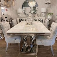 Ensemble de table à manger rectangulaire moderne de luxe en marbre, 6 places, avec pieds en acier inoxydable, pour usage hôtelier