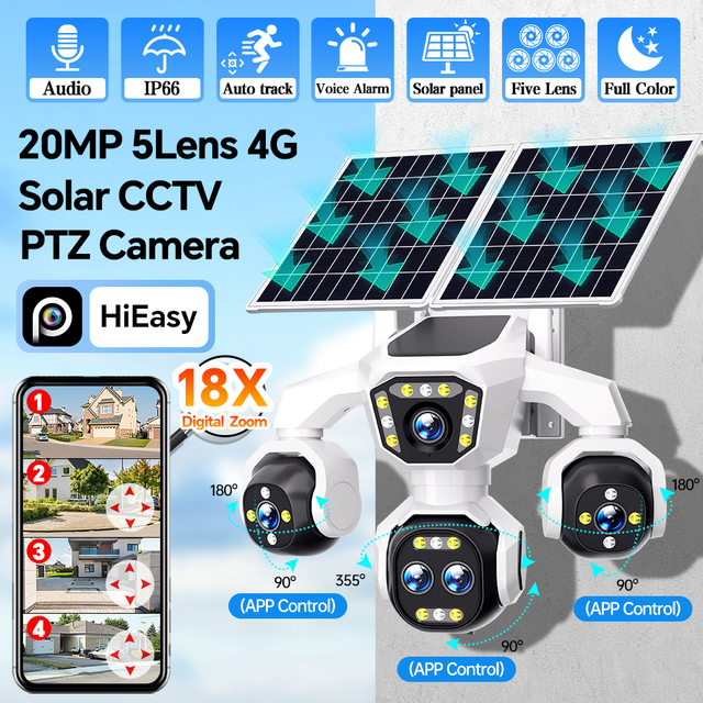 20MP 5-Lens 4-Screen 4G SIM Solar PTZ Security Camera Auto Tracking Outdoor Wireless Full Color Night Vision IP66 CCTV IP Camera