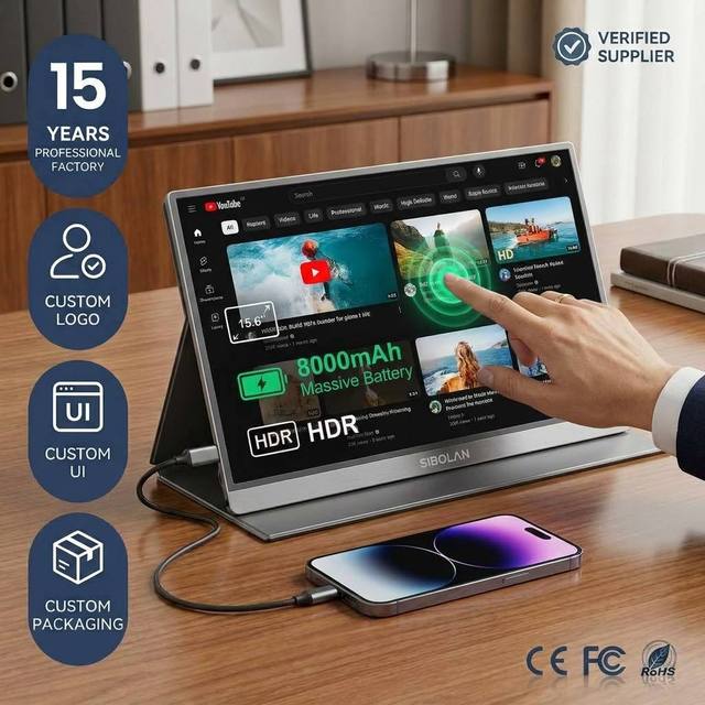 SIBOLAN 15.6" 1080P FHD IPS Capacitive Touchscreen Portable Monitor Built-in 8000mAh Battery Ultra Thin New Travel Office