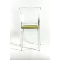 Chaise transparente Lucienne avec coussin en NUBUCK écologique vert mousse, rembourrée confortable, pour salon, modèle 15C2015