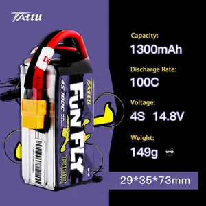 Batterie LiPo <span class=keywords><strong>TATTU</strong></span> <span class=keywords><strong>FUNFLY</strong></span> originale 14,8 V 1300 mAh 100C pour hélicoptère RC, quadricoptère, drone de course FPV, pièces de drone <span class=keywords><strong>4S</strong></span> UAV - Product Image 1