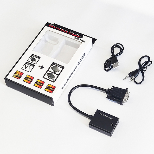 1080P 60Hz VGA to HDTV Adapter with 3.5mm Audio Input & USB Power Cable, VGA Male to HDMI Female Full HD Converter