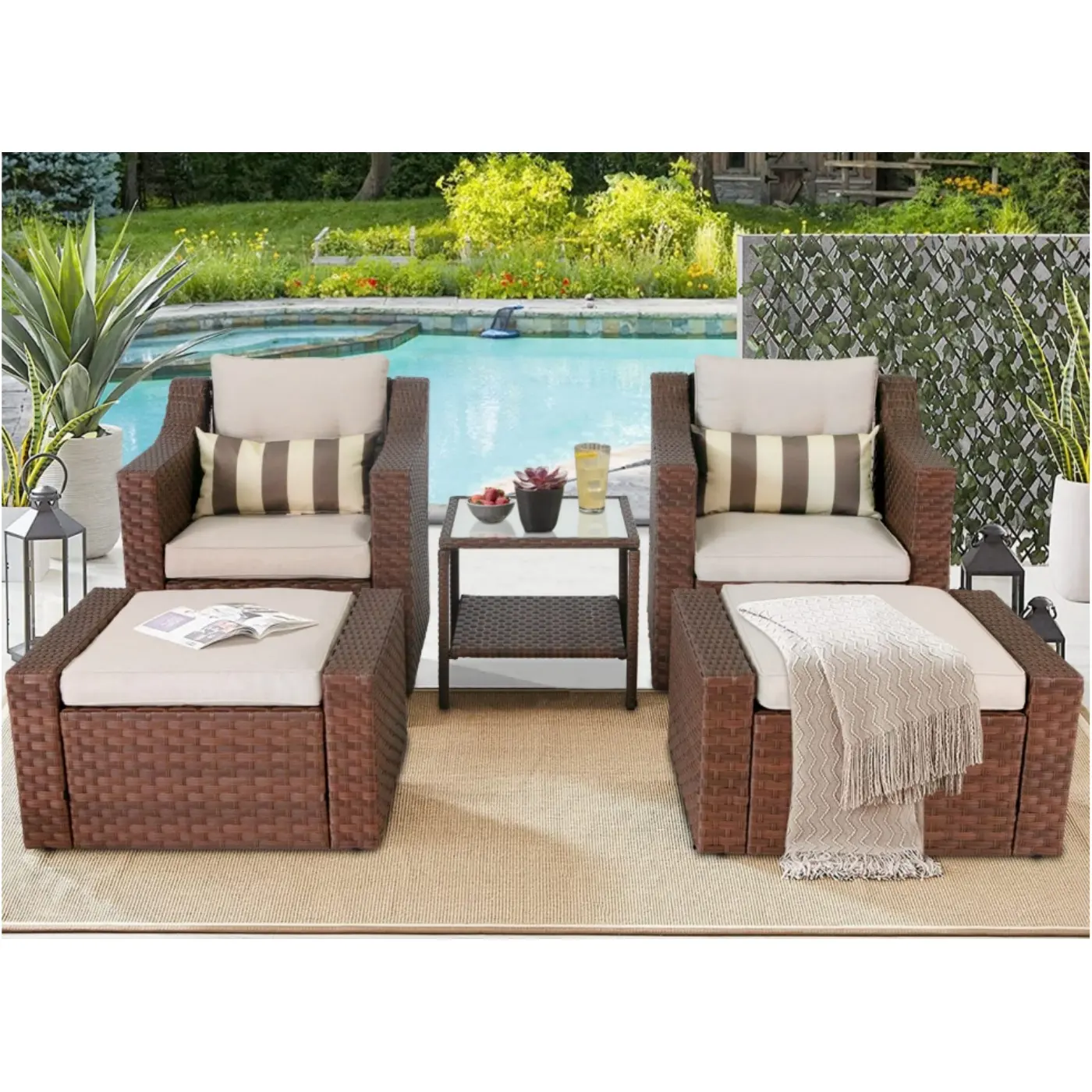 5pcs bistro set Outdoor Wicker Furniture Sets Garden Sofa Lounge Sunbed In Stock
