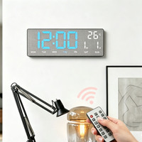 Horloge murale numérique intelligente avec télécommande LED électronique de 15 pouces, affichage de la température, de la date, du jour et du calendrier, pour salon, bureau, table