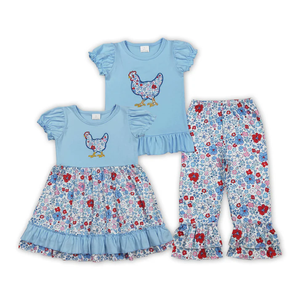 Vêtements pour filles avec broderie de poulet et fleurs bleues, tenues du 4 juillet pour sœurs - Product Image 1