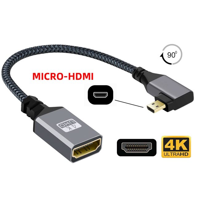 4K 90° Angled Micro HDMI Extension Cable, HDMI 1.4 Coaxial PVC Adapter Cord, Male to Female Connector for Computer Camera DV MP4