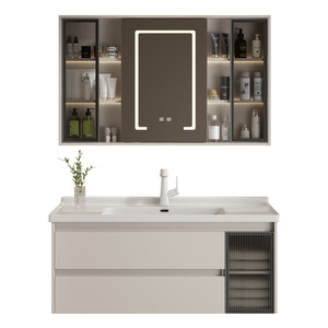 Mueble de baño de madera maciza de estilo lujoso con lavabo integrado de cerámica y tocador de placa de roca con luz de lavabo de espejo - Product Image 1