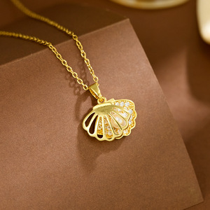 <span class=keywords><strong>Collana</strong></span> all'ingrosso in acciaio inossidabile con zirconi cubici, a forma di arachide e <span class=keywords><strong>stella</strong></span> <span class=keywords><strong>marina</strong></span>, placcata oro 18k, con conchiglia e perla, idea regalo - Product Image 6