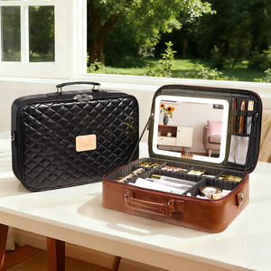 [Core Product Name] Double Layer <b>Makeup</b> Case With <b>Led</b> <b>Mirror</b> And Adjustable Dividers For Cosmetic Storage - Product Image 4