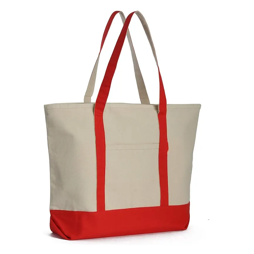 Hot Shopping Beach Clothing Picnic Supplies Multi-Pocket Red Heavy Duty 120z Cotton Canvas Tote Bag With Logo