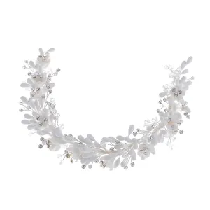 Newest Handmade White Clay Porcelain Flower PU Flower Bridal Hair Crown Headband Accessories Wedding Headpiece