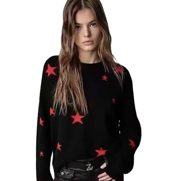 SZQX6190-Autumn and winter new heavy industry design sense Star embroidered pullover sweater Women's sweater bottoming top