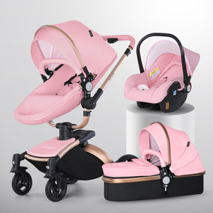 รถเข็นเด็กแบบ 3 in 1 พร้อมคาร์ซีทและเปลนอนเด็ก พับเก็บได้ หรูหรา สีชมพู โครงสีโรสโกลด์ พร้อมหลังคาปรับได้ สำหรับเด็กแรกเกิด - Product Image 4