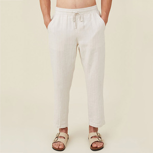 2023 estate Casual cotone naturale lino bianco <span class=keywords><strong>a</strong></span> <span class=keywords><strong>righe</strong></span> dritte <span class=keywords><strong>pantaloni</strong></span> per gli uomini - Product Image 1