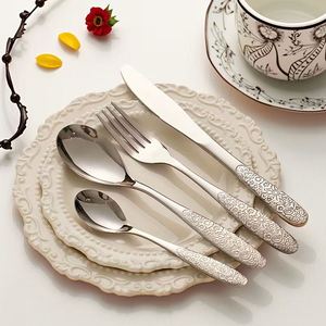 Ensemble de couteaux, fourchettes et cuillères en acier inoxydable avec des poignées à motifs floraux, ensemble de couverts élégants pour les mariages et les restaurants - Product Image 3