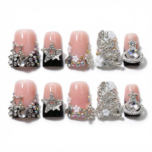 Faux ongles de luxe faits main, style bec de canard, noir, French Star, entièrement ornés de strass, pour fêtes, banquets, manucure, vente en gros - Product Image 2