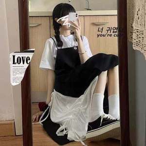 Black Two Piece Set Spaghetti Strap Dress With T Shirt Contrast Color Casual Daily Wear Women Summer 2025 French Style Overall - Product Image 4