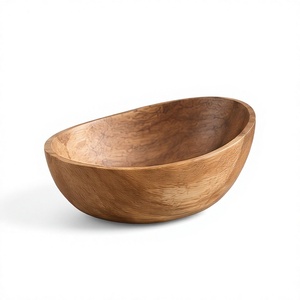 Natural Finish <b>Mango</b> <b>Wood</b> Serving <b>Bowl</b> Organic Asymmetric Oval Salad <b>Bowl</b> with Slanted Diagonal Rim Design - Product Image 1