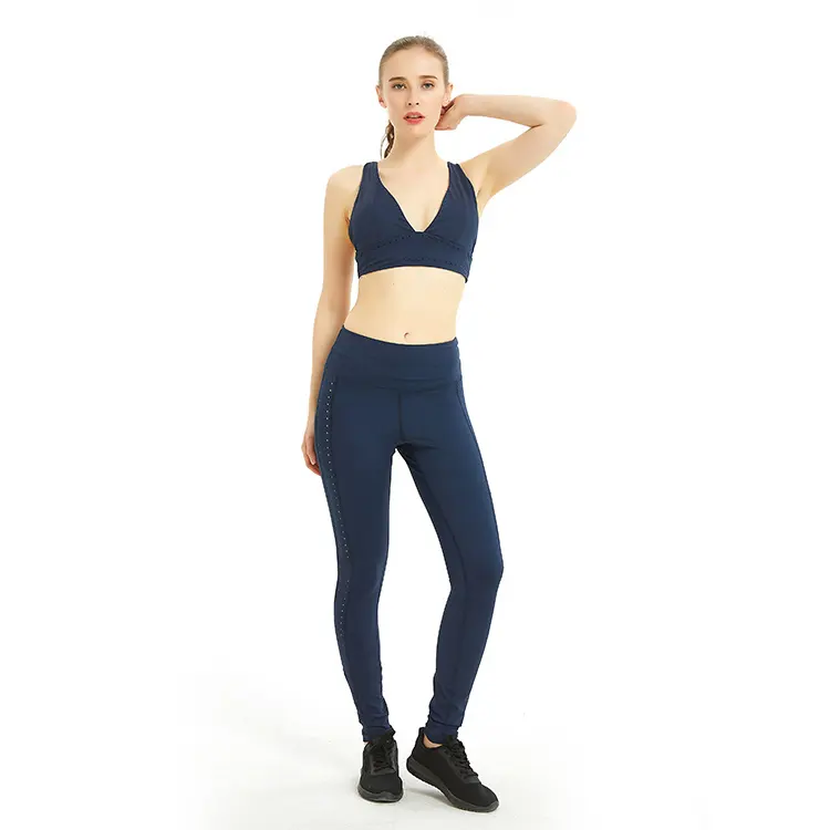 딥 블루 컬러 스포츠 착용 세트 여성 체육관 레깅스 세트 요가 피트니스 의류 운동 착용