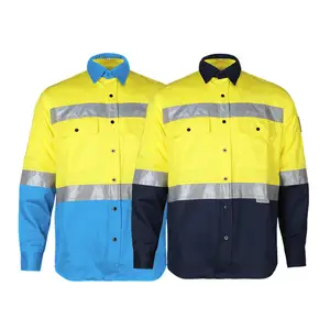 Men Work Fr Dry Fit Shirt Reflection Clothing Workwear Cotton High Visibility Safety Shirts Long Sleeve Reflective