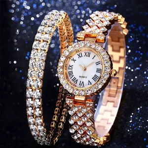 Hot Sale 2pcs/set Women Ladies Fashion Bling Bling Full Diamond Iced Out Watch Luxury Quartz Wrist Bracelet Watches Gift Sets