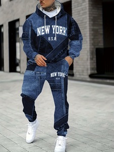 Conjunto Casual <span class=keywords><strong>de</strong></span> Otoño para Hombre, Estilo Europeo Americano, Sudadera con Capucha y Pantalones Deportivos, con Pedrería, 100% Poliéster, Bloques <span class=keywords><strong>de</strong></span> Color - Product Image 2