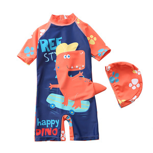 Traje de Baño de una Pieza con Mangas Cortas y Protección Solar para Niños Pequeños, Diseño de Dinosaurio de Dibujos Animados, con Gorro de Natación - Product Image 3