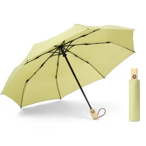 RPET solid wood handle automatic umbrellas, three fold printing logo advertising umbrella from supplier