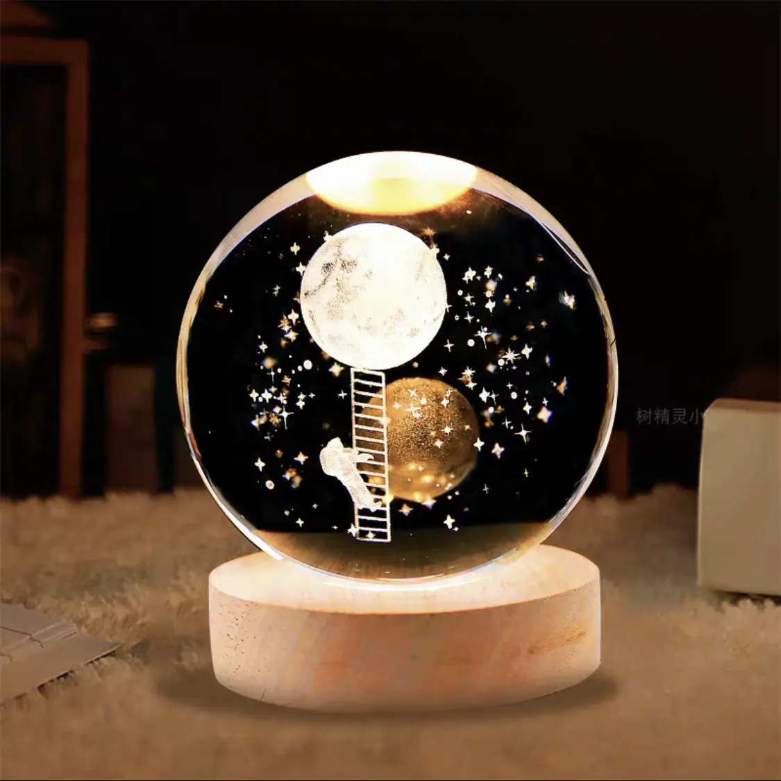 Grabado láser 3D personalizado Luna Navidad bola de cristal 3D grabado láser galaxia bola de cristal en base de madera LED