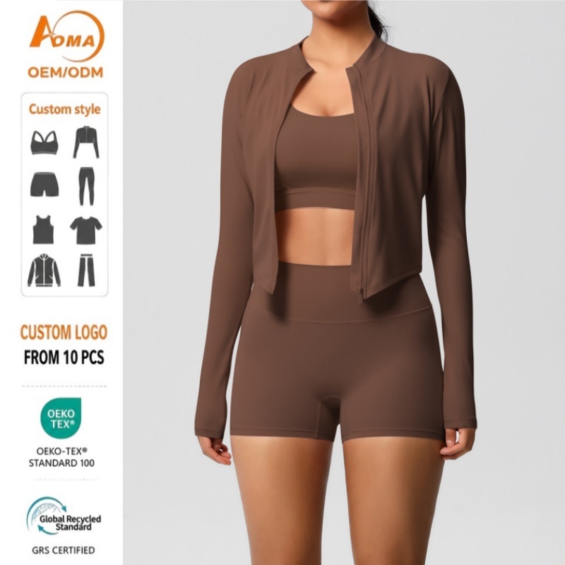 Aoyema Women Fitness Wear Breathable Solid Yoga Bra Sports Jacket Casual Pilates Running Fitness Yoga Suit Three-piece Set