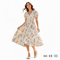 Vestido Midi de Algodón 160G para Mujer, Estilo A-Line con Mangas Abullonadas, Estampado de Flores Silvestres Alpinas, Diseño Campestre Suizo, Logotipo Personalizado OEM, Venta al Por Mayor