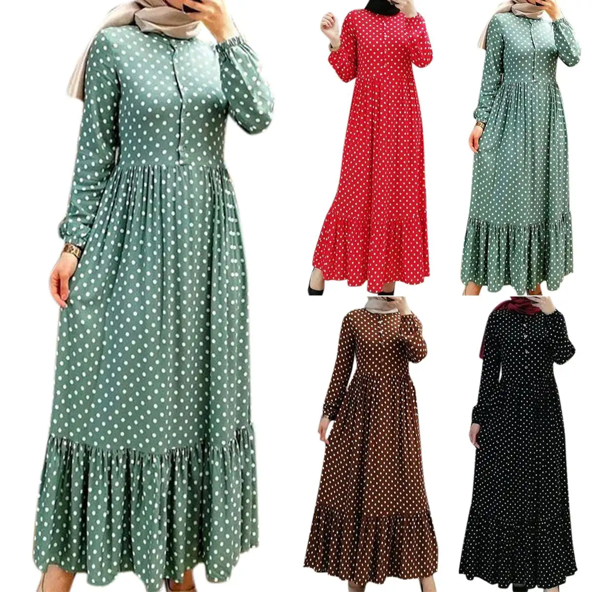 2021 새로운 도착 터키 이슬람 여성 의류 활기찬 폴카 도트 긴 소매 맥시 드레스 abaya 이슬람