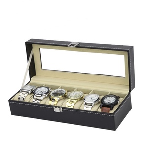 Moderna Caja para Relojes de Cuero PU Negro con 6 Ranuras, Ventana Grande de Vidrio, Interior de Terciopelo Beige, Organizador de Relojes Ejecutivo, Estuche de Exhibición - Product Image 1