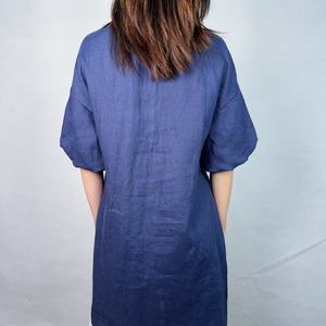 Vestido de Lino Personalizado para Mujer, Estilo Casual, Manga Corta, Largo Medio, Color Azul Verano - Product Image 3