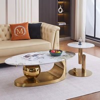 Table basse mobile rétro en pierre écologique avec base dorée, table d'appoint simple et luxueuse pour salon et chambre