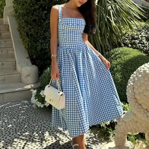 Vestido Midi Elegante Personalizable sin Mangas con Bolsillos, Espalda Descubierta de Doble Capa, Casual a Cuadros para Vacaciones de Verano para Mujer - Product Image 4