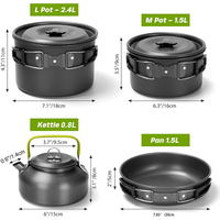Ensemble de cuisine en aluminium populaire pour 4 personnes et théière Sac isotherme Sac à eau Réchaud Accessoires de voyage en plein air Ensemble de vaisselle de camping