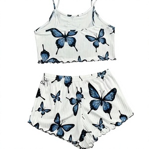 Conjunto de Top Corto y Shorts para Mujer, Otoño, Transpirable, Elegante, Estampado de Mariposas, Tirantes Finos, Cintura Elástica, Espalda Descubierta, Sexy - Product Image 1