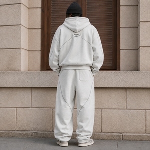 Completo coordinato due pezzi in cotone pesante 350gsm a costine bianco OEM, con felpa da uomo casual da sera taglie forti con cerniera e vestibilità aderente - Product Image 2