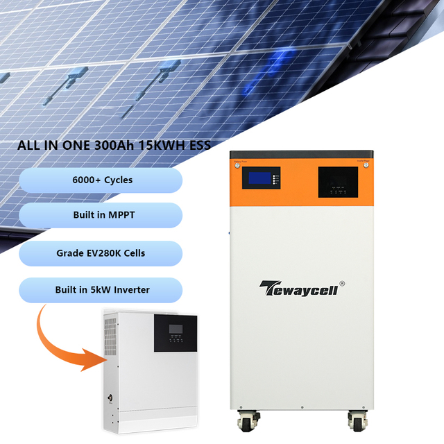 Tewaycell All-in-One 48V/51.2V 300Ah 15KWh Lithium Ion Battery 5KW Inverter Home Energy Storage System for Solar Systems