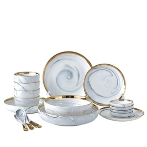 Services de table en porcelaine nordique, assiettes à incrustations dorées, bols à riz marbrés, coffret cadeau, bordure dorée, style minimaliste, 2 pièces, articles promotionnels - Product Image 6